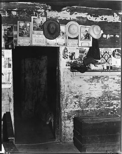 [Advertisements and Straw Hats on Wall Around Entrance to Frank Tengle's Bedroom, Hale County, Alabama]
