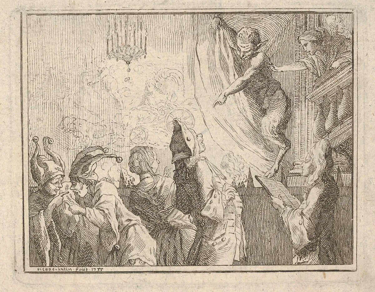 Satyr standing on a stage and pointing downward toward an audience, two jesters gesticulate at lower left — Pierre Hutin