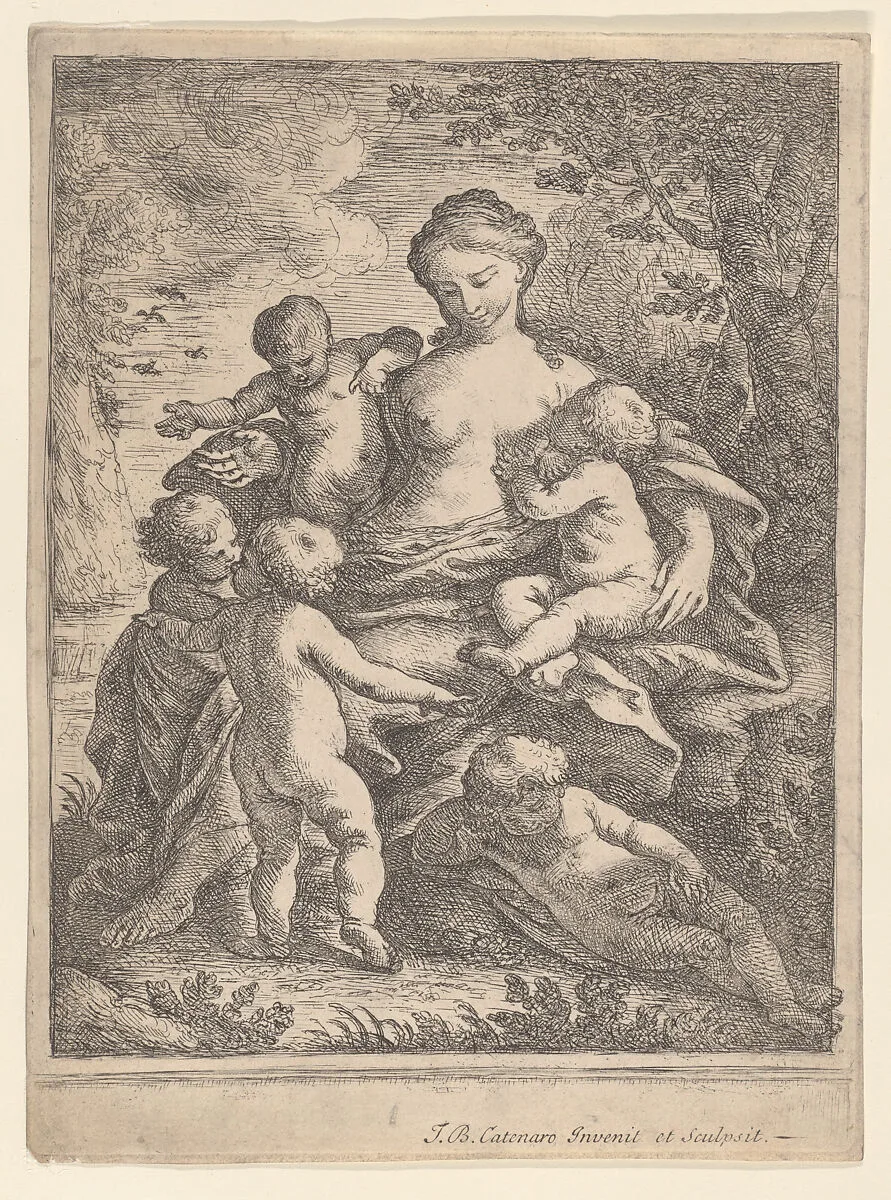 Charity, seated in a landscape surrounded by five nude children — Giovanni Battista Catenaro