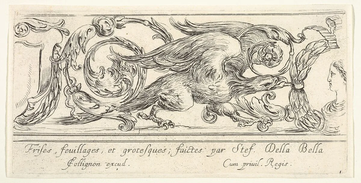 Plate 1: an eagle walking towards the right, a bust of a woman to right turned in profile towards the left, from 'Friezes, foliage, and grotesques' (Frises, feuillages et grotesques) — François Collignon|Stefano della Bella