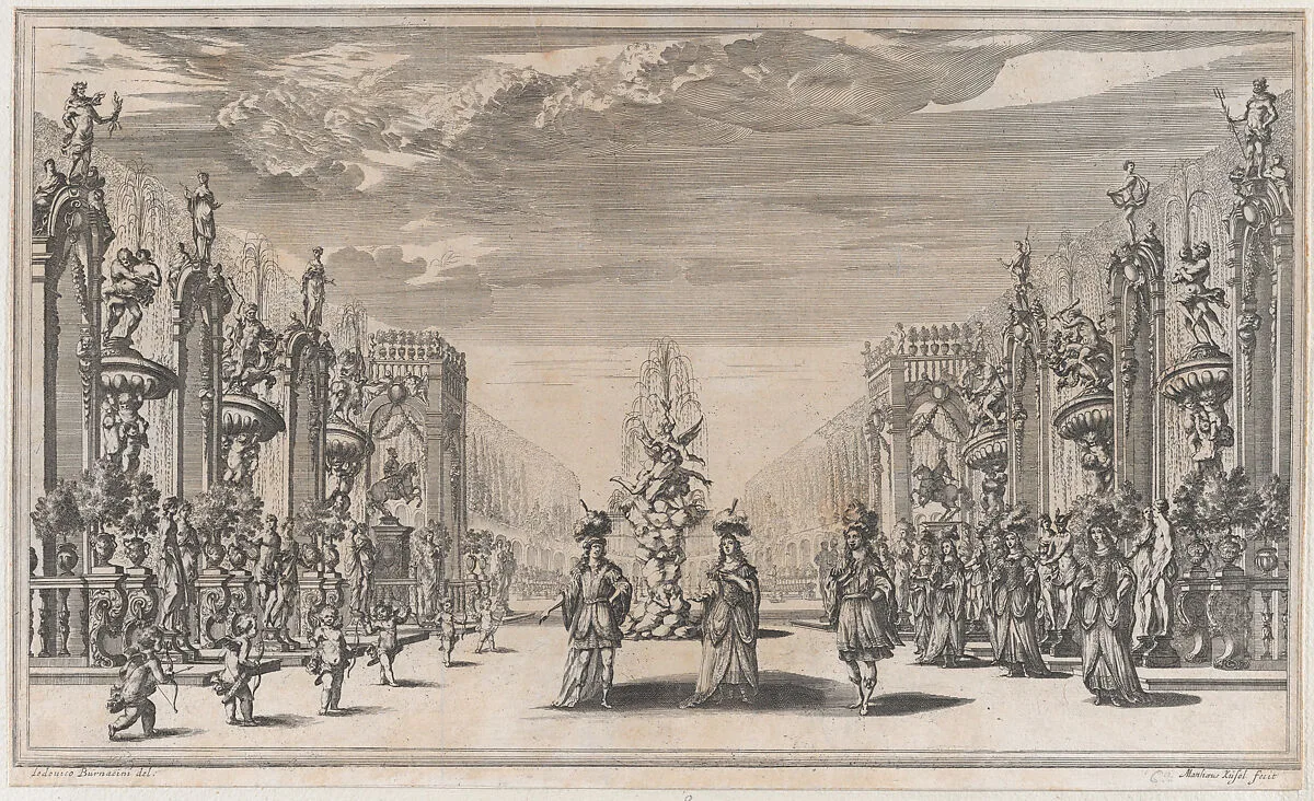 Pleasure garden, with three figures in front of a fountain at center, a row of putti to the left, and a group of women to the right; set design from 'Il Pomo D'Oro' — Mathäus Küsel|Ludovico Ottaviano Burnacini