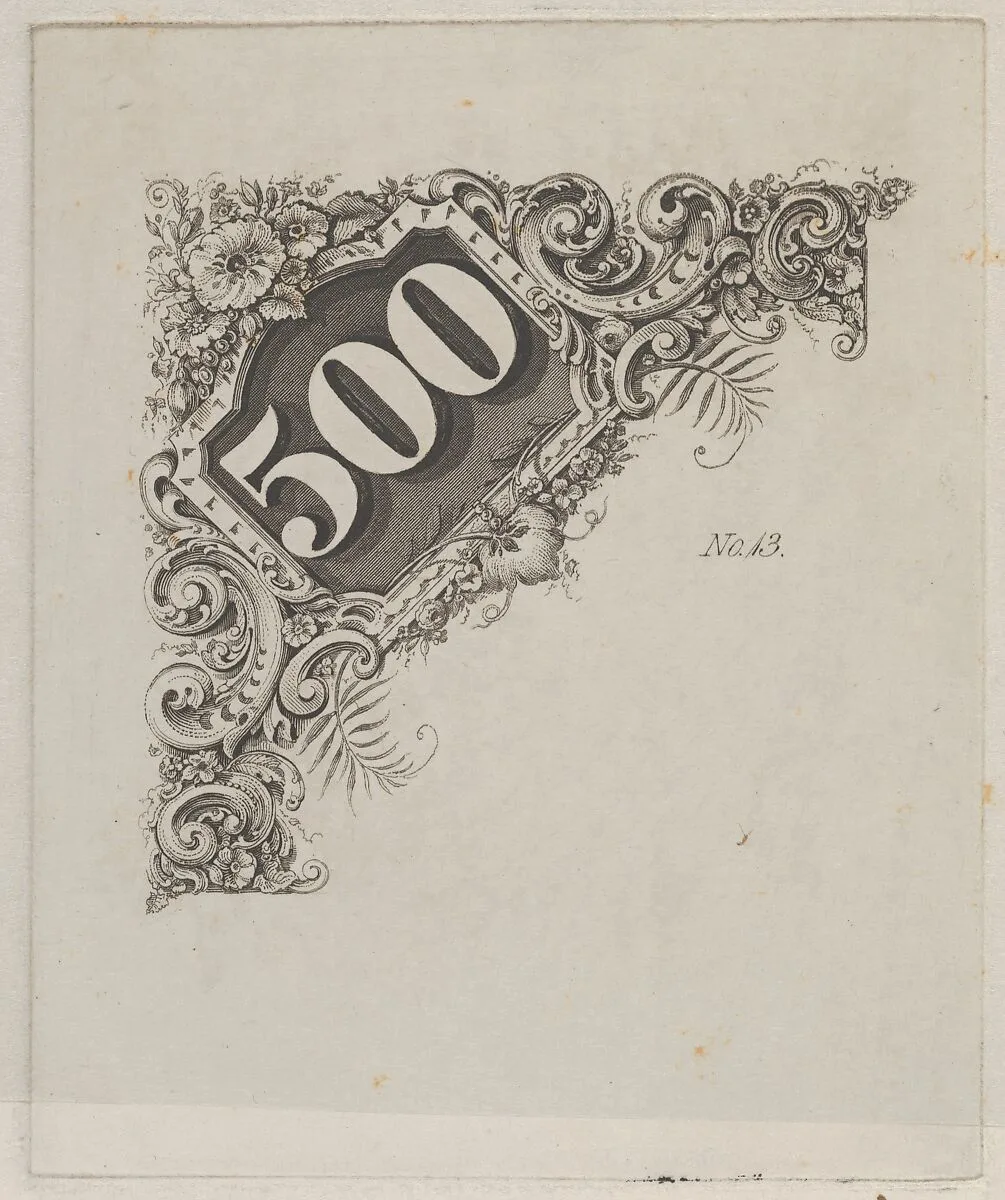 Banknote motif: number 500 in an ornamental frame — A. B. & C. Durand & Company|Durand, Perkins, and Company|Cyrus Durand