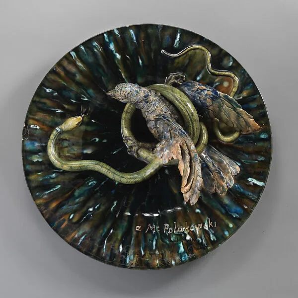 Large round plate with bird and serpent — Alfred Renoleau|Polakowski Tile Factory