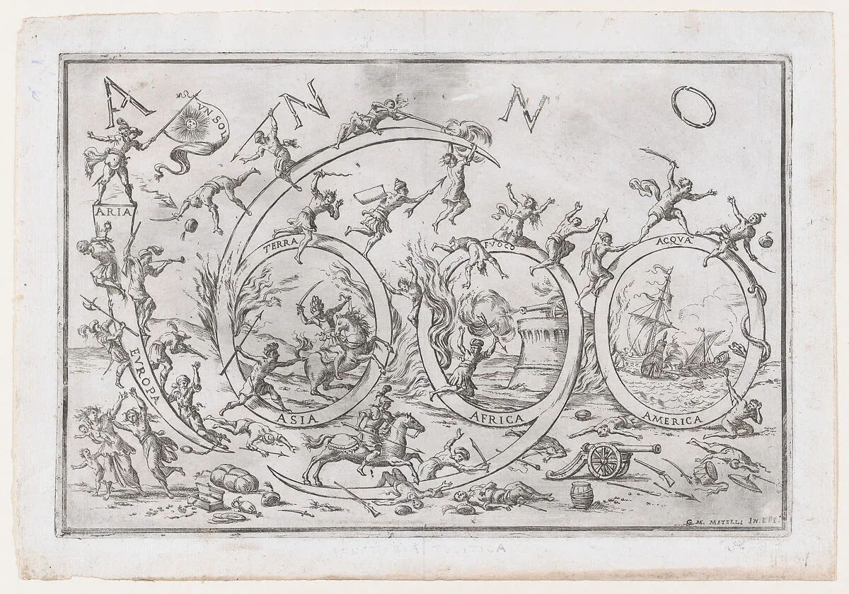 'Anno 1690' (the Year 1690), with numerous warring figures clambering on and hanging from the numbers, allusions to the Allegories of the Four Elements and the Four Continents — Giuseppe Maria Mitelli