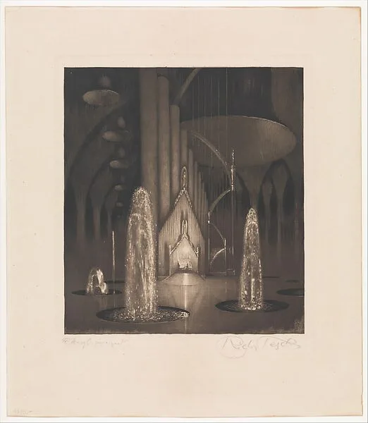 Stageset: Organist with Fountains — Richard Teschner