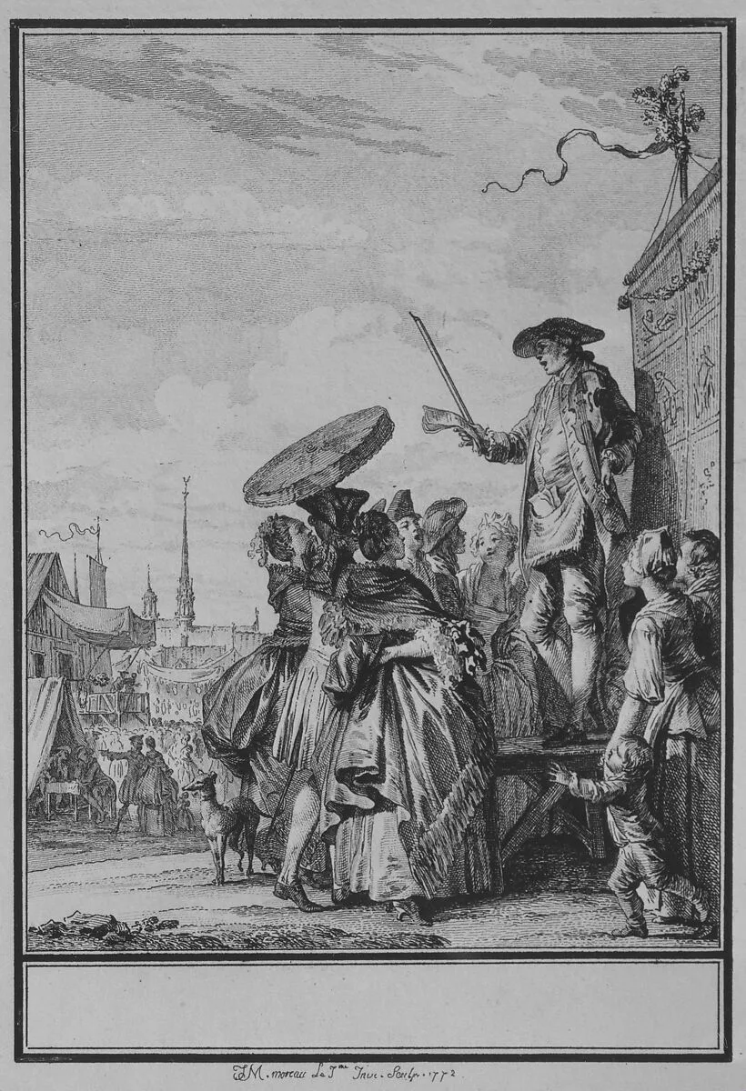 La Foire de Gonesse, from Choix de chasons mises in musique par M. De La Borde, Premier Valet-de-Chambre ordinaire du Roi, Gouverneur du Louvre. Ornées d'Estampes Par J.M. Moreau, Dédiées à Madame la Dauphine. A Paris Chez de Lormel, Imprimeur de l'Academie Royale de Musique rue du Foin Siant-Jacques. MDCCLXXIII. Avec Aprobation et Privilège du Roi. Gravées par Moria et M.lle Vendôme — Jean Michel Moreau the Younger|de Lormel|Academie Royale de Musique