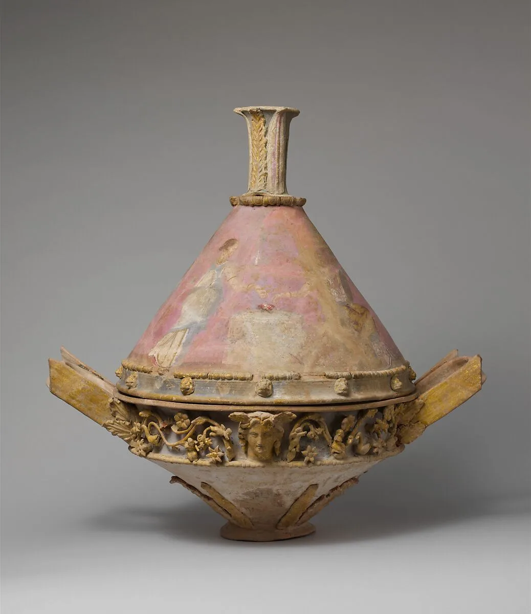 Terracotta lekanis (dish) with lid and finial — Unknown