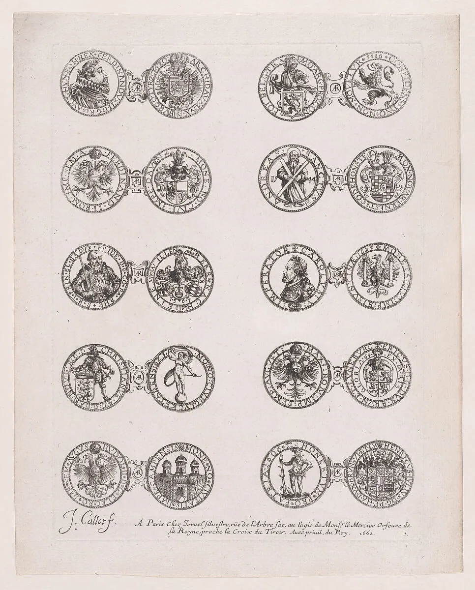1st Plate, Featuring 10 Coins Issued by European Princes in the 16th and 17th centuries, from Les Monnaies (The Currencies) — Jacques Callot|Israel Silvestre