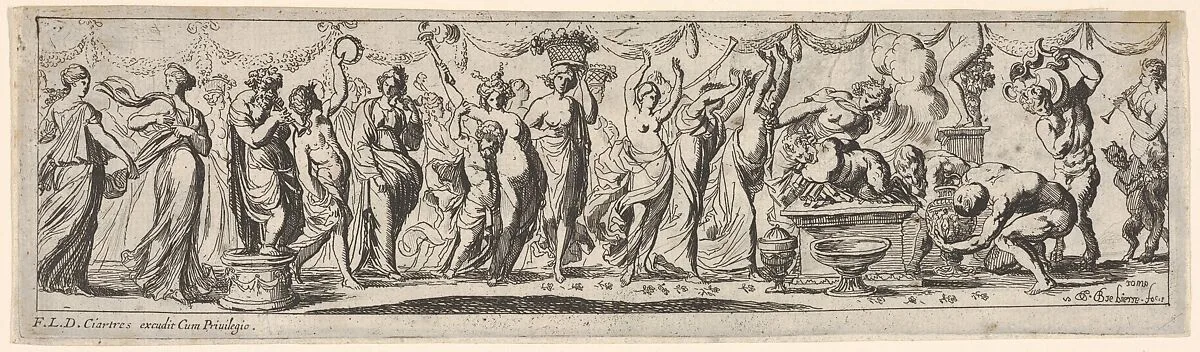 Procession of draped female dancers, women bearing baskets, and male musicians, at right a satyr lies bound on a pyre, from a series of twelve frieze-like designs showing bacchanals, sacrifices, and dances — Pierre Brebiette|François Langlois