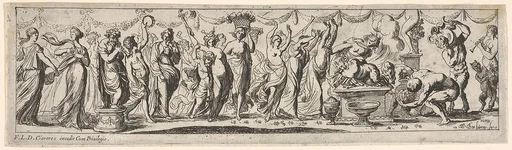 Procession of draped female dancers, women bearing baskets, and male musicians, at right a satyr lies bound on a pyre, from a series of twelve frieze-like designs showing bacchanals, sacrifices, and dances