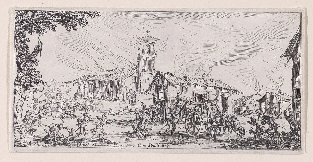 Pillage et Incendie d'un Village (Looting and Burning of a Village), from Les Petites Misères de la Guerre (The Little Miseries of War), plate 4 — Jacques Callot|Israël Henriet