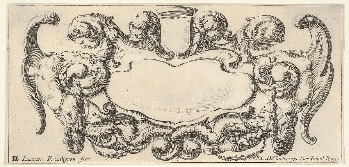 Plate 5: a cartouche with a blank escutcheon at top center, a chimera to either side, their bodies ending in scrollwork and dragon tails, from 'Twelve cartouches' (Recueil de douze cartouches) — François Langlois|Stefano della Bella|François Collignon