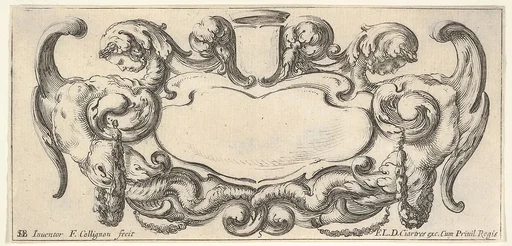 Plate 5: a cartouche with a blank escutcheon at top center, a chimera to either side, their bodies ending in scrollwork and dragon tails, from 'Twelve cartouches' (Recueil de douze cartouches)