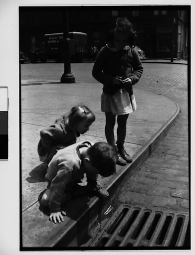 [Children Playing on Sidewalk Next to Gutter Grating, New York City]