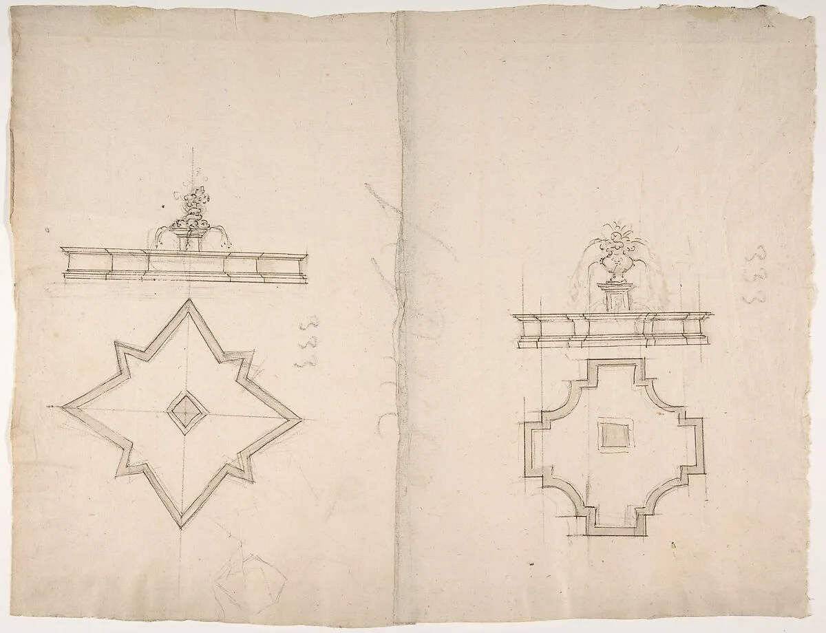 Two Plans and Elevations for Fountains — Anonymous, French, 16th century|Jacques Androuet Du Cerceau