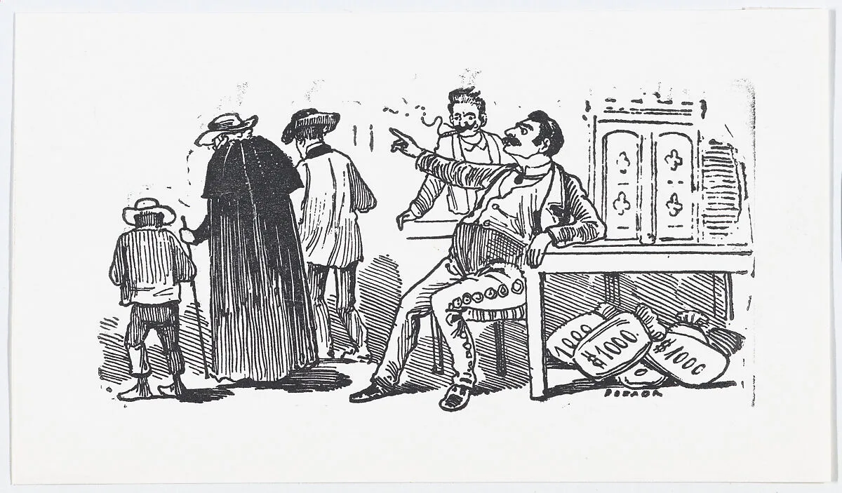 A rich man with bags of money at his feet sending people away — José Sanchez|José Guadalupe Posada