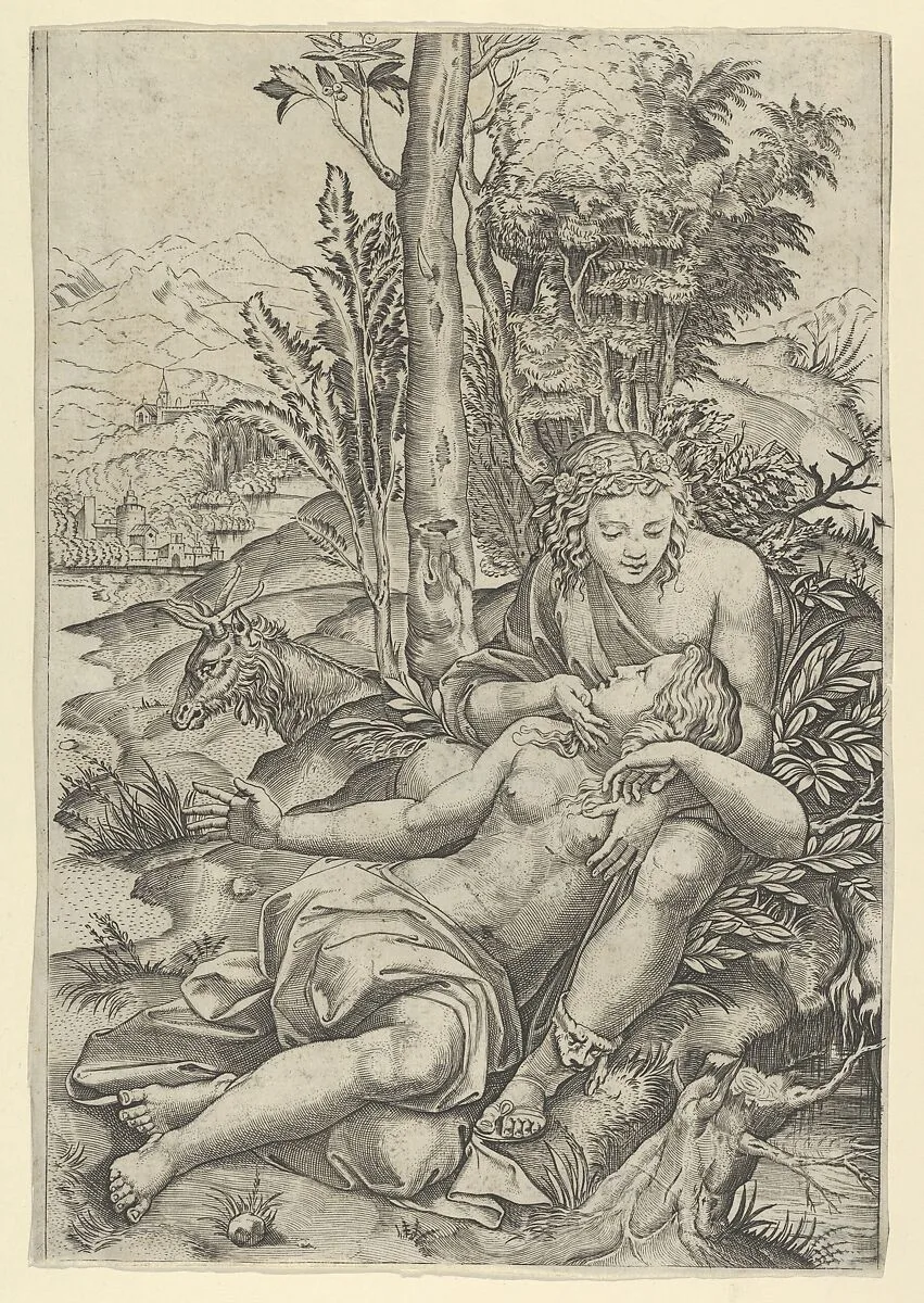 Medor and Angelica from Lodovico Ariosto's "Orlando Furioso", or Venus and Adonis embracing, set within a landscape — Marcantonio Raimondi|Giulio Romano