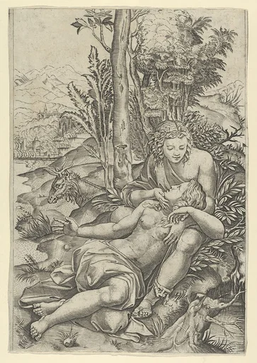 Medor and Angelica from Lodovico Ariosto's "Orlando Furioso", or Venus and Adonis embracing, set within a landscape