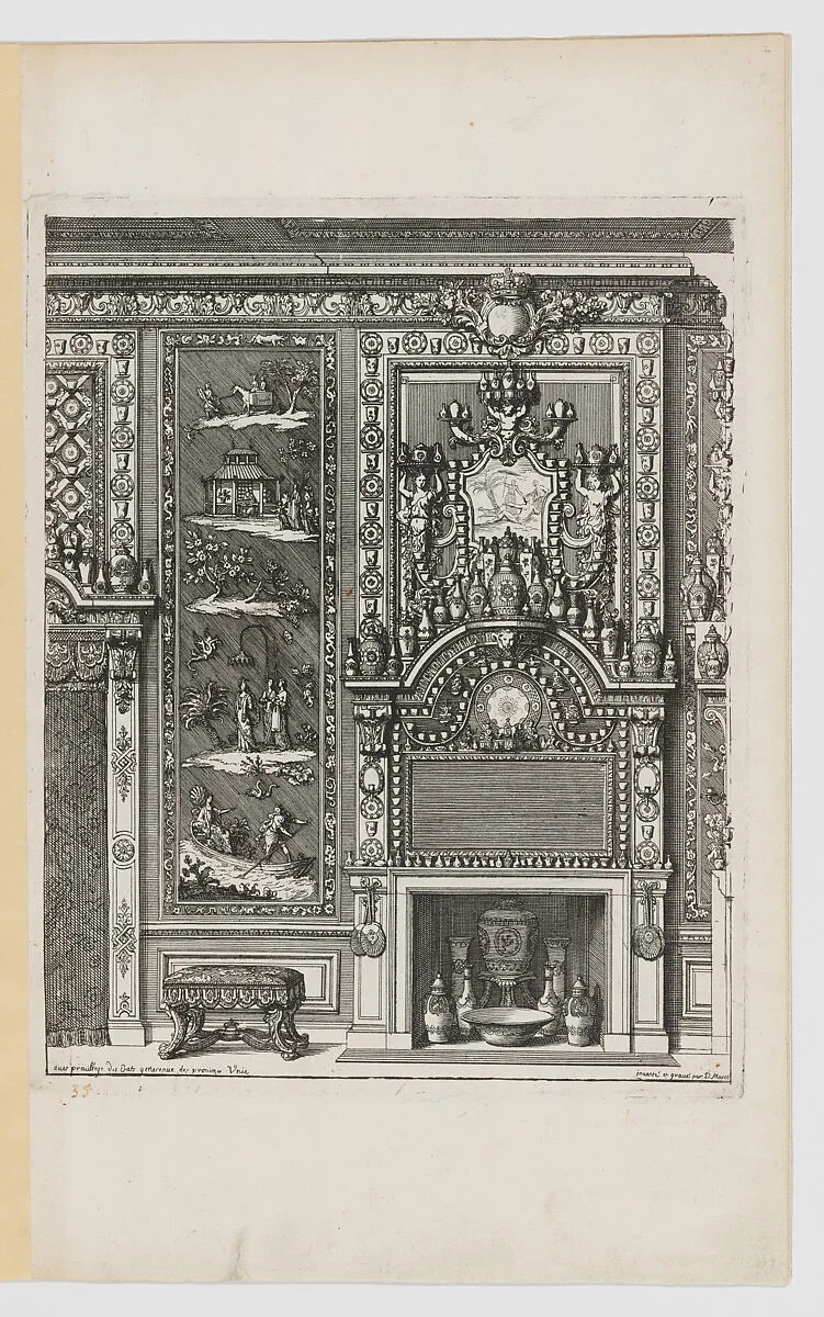 Chimney-Piece with Various Porcelain Vases, from Nouvelles Cheminées Faittes en Plusieur en Droits de la Hollande et Autres Prouinces, part of Œuvres du Sr. D. Marot — Daniel Marot the Elder|Pierre Husson