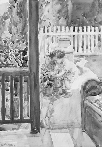 Daughter Rosemary Watering Plants, Gaylordsville, Connecticut