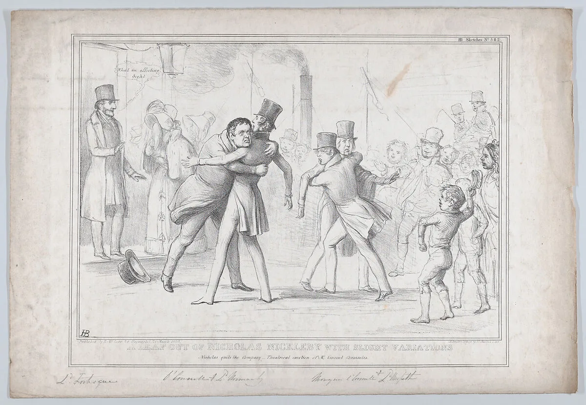 A Leaf Out of Nicholas Nickleby with Slight Variations – Nicholas quits the Company – Theatrical Emotion of Mr. Vincent Crummles — Alfred Ducôte|George William Frederick Howard, 7th Earl of Carlisle|John Doyle|Charles Dickens|Daniel O'Connell|Constantine Henry Phipps, 1st Marquess of Normanby|Hugh Fortescue 2nd Earl Fortescue, Viscount Ebrington|Thomas McLean