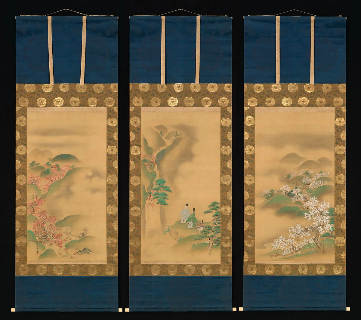 狩野常信筆 滝見業平図|Nunobiki Waterfall, Mount Yoshino, and Tatsuta River — Kano Tsunenobu