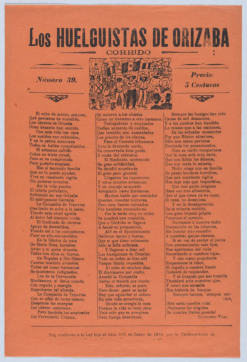 Broadsheet relating to a worker's strike in Orizaba, workers holding up the Mexican flag, flanked by soldiers — José Guadalupe Posada|Antonio Vanegas Arroyo