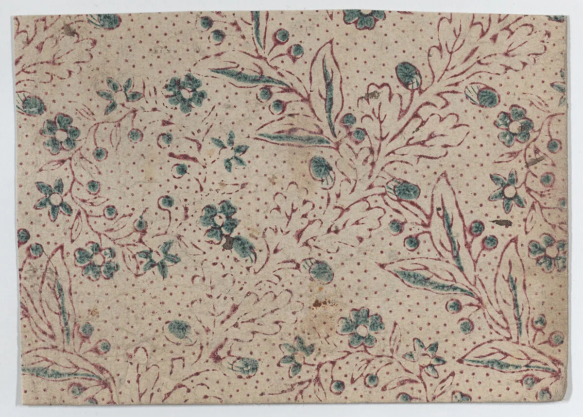 Sheet with blue and purple floral and dot pattern — Anonymous