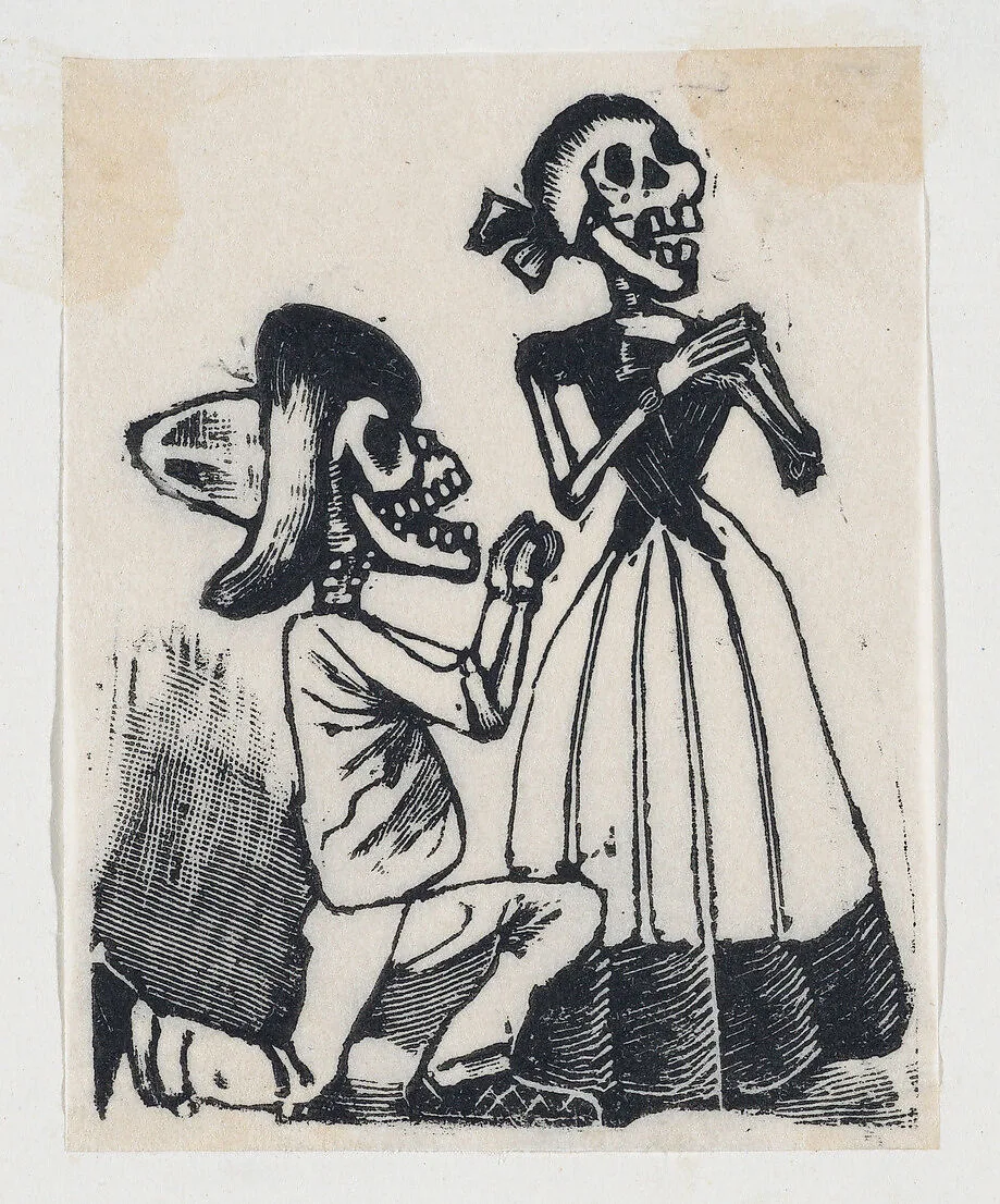 A male skeleton on his knees before a female skeleton (vignette for the feast of the dead) — José Guadalupe Posada