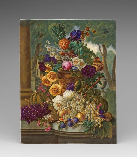 An urn overflowing with fruit and flowers