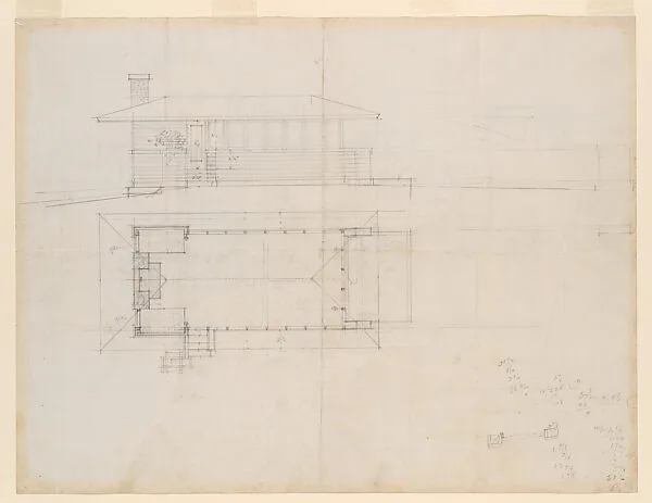 Perspective, elevation, and partial plan of garden wall; Verso-Elevation and Plan of Lake House, Wayzata, Minnesota — Frank Lloyd Wright