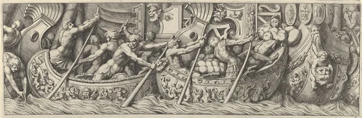Plate 6: figures in boats decorated with mythological subjects using poles to propel them