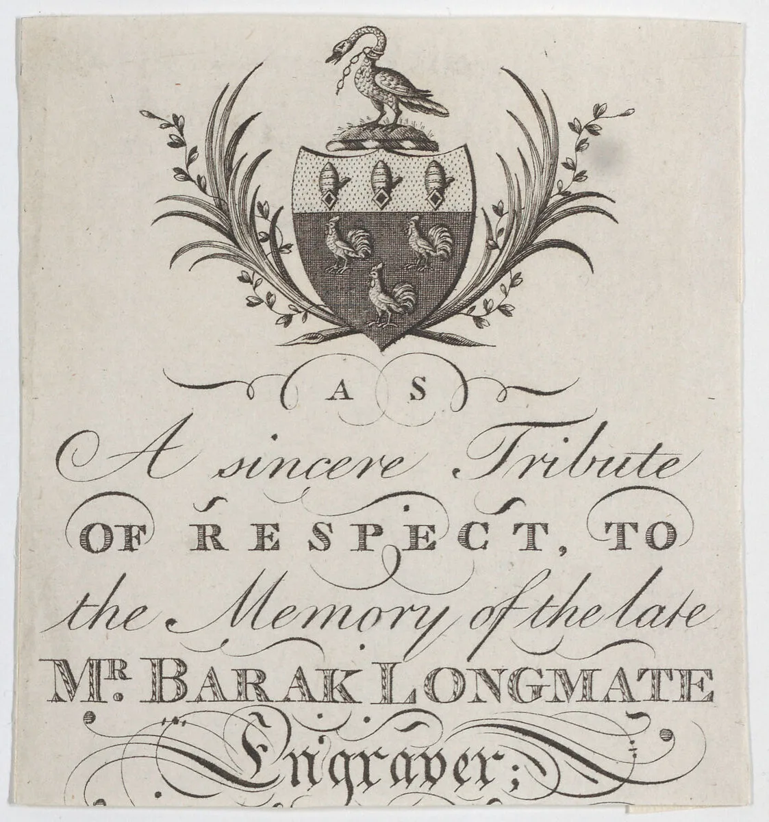 Memorial Card for Mr. Barak Longmate, genealogical editor and heraldic engraver — Anonymous, British, late 18th century