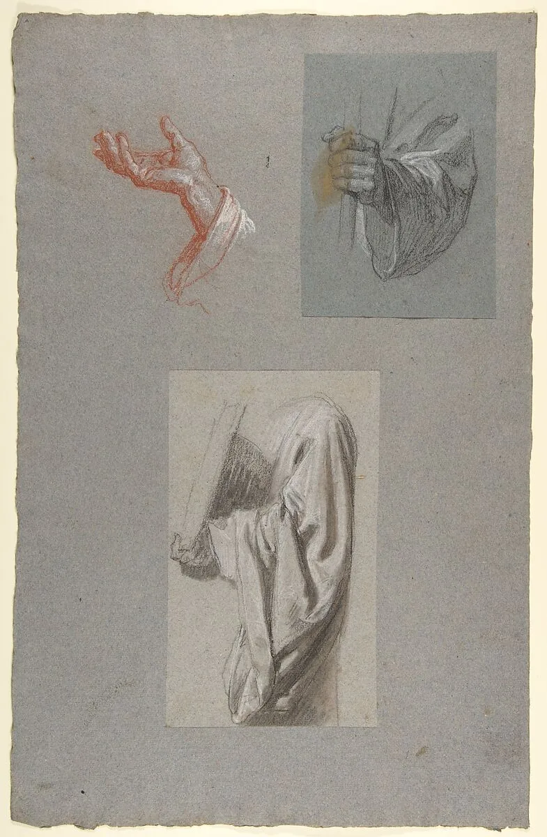 a. Hand of Saint Remi; b. Hand of Saint Remi; c. Drapery Study for Acolyte Holding Book (middle register); (studies for wall paintings in the Chapel of Saint Remi, Sainte-Clotilde, Paris, 1858) — Isidore Pils
