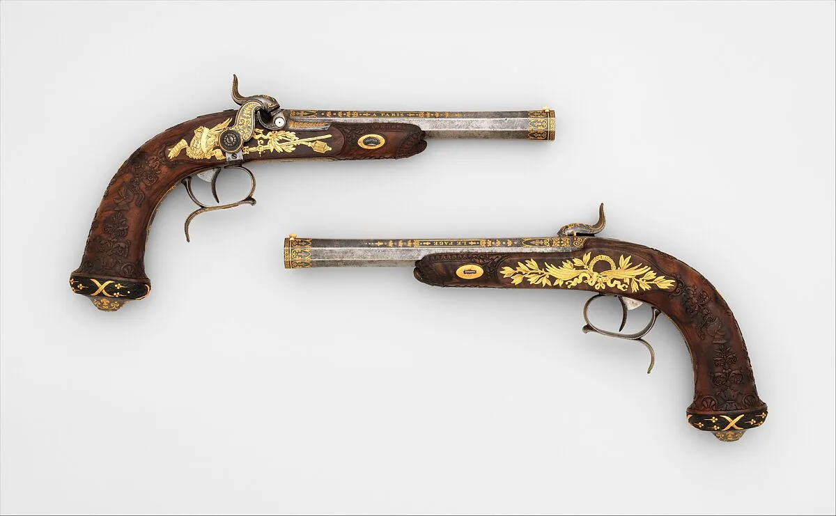Cased Pair of Percussion Target Pistols with Loading and Cleaning Accessories, Made for Henri Charles Ferdinand Marie Dieudonné d'Artois, Duke of Bordeaux, Count of Chambord (1820–1883) — Jean André Prosper Henri Le Page