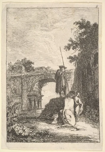 Plate 8: The Triumphal Arch: a man standing atop an architectural fragment in center with two men below, seen from behind, remains of a triumphal arch in the background and the ruins of an arcade to right, from "Les soirées de Rome"
