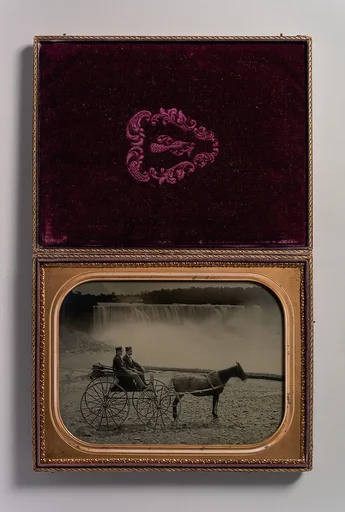 [Two Men Seated in a Horse-Drawn Carriage in Front of Niagara Falls]