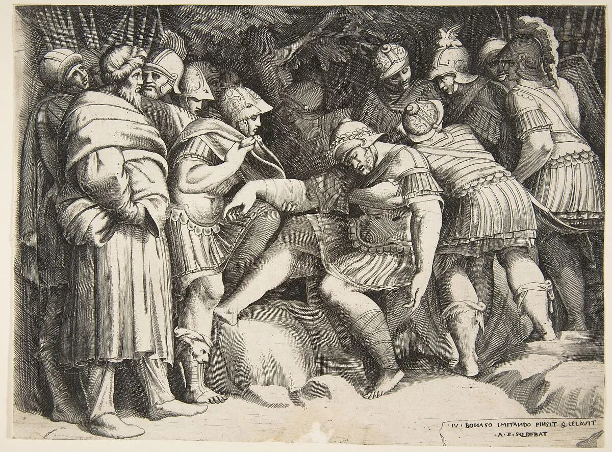 The wounder soldier Scipio in the centre surrounded by figures — Giulio Bonasone