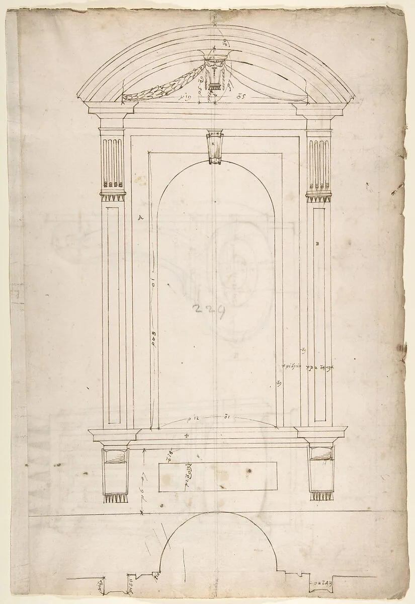 St. Peter's, apse, exterior niche details (recto) St Peter's, apse, exterior niche elevation and profile of scrolled console, elevation of column shaft (verso) — Anonymous, French, 16th century