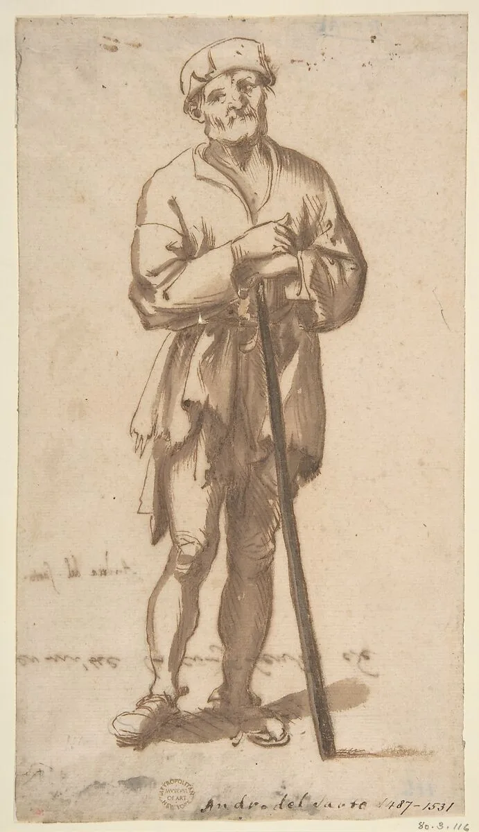 Standing Old Man in Frontal View Leaning On a Staff — Anonymous, Italian, Roman-Bolognese, 17th century