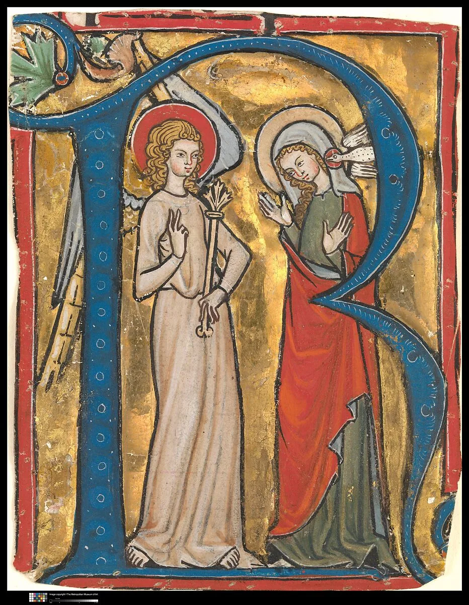 Manuscript Illumination with the Annunciation in an Initial R, from a Gradual — Unknown