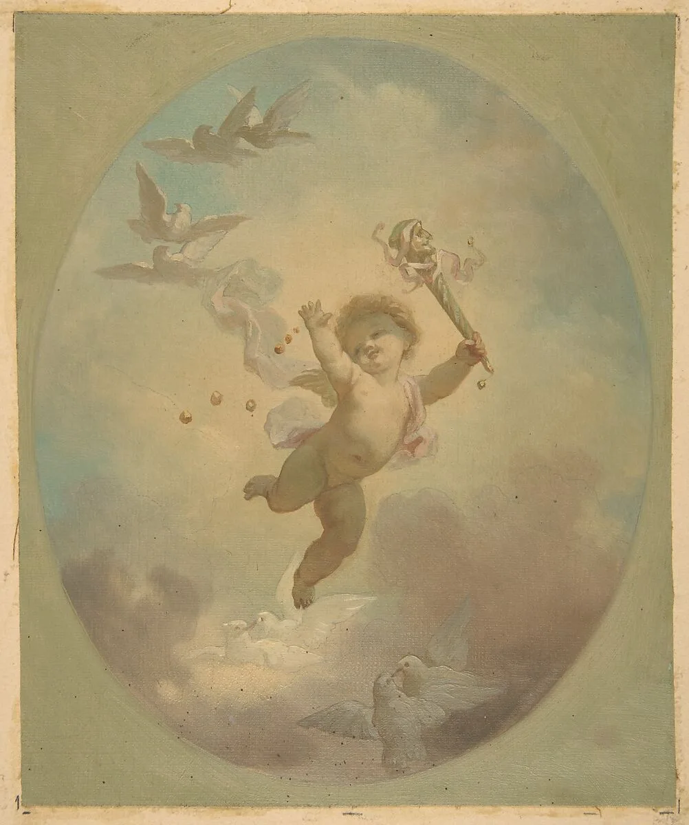 A winged putto and turtle doves — Jules-Edmond-Charles Lachaise|Eugène-Pierre Gourdet
