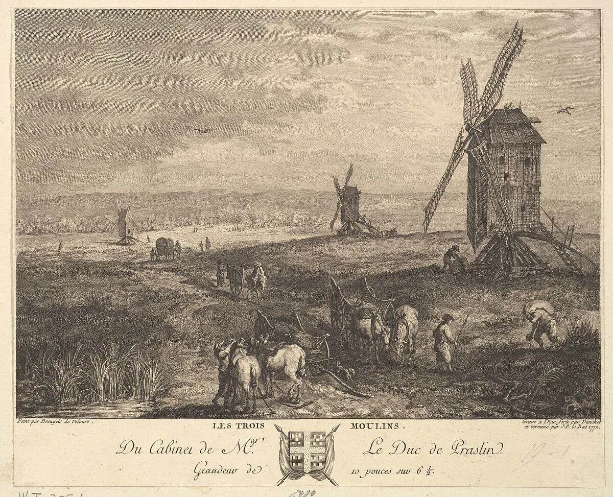 The Three Windmills (Les Trois Moulins) after a painting in the collection of the Duc de Praslin — Balthasar Anton Dunker|Jacques Philippe Le Bas|Jan Brueghel the Elder