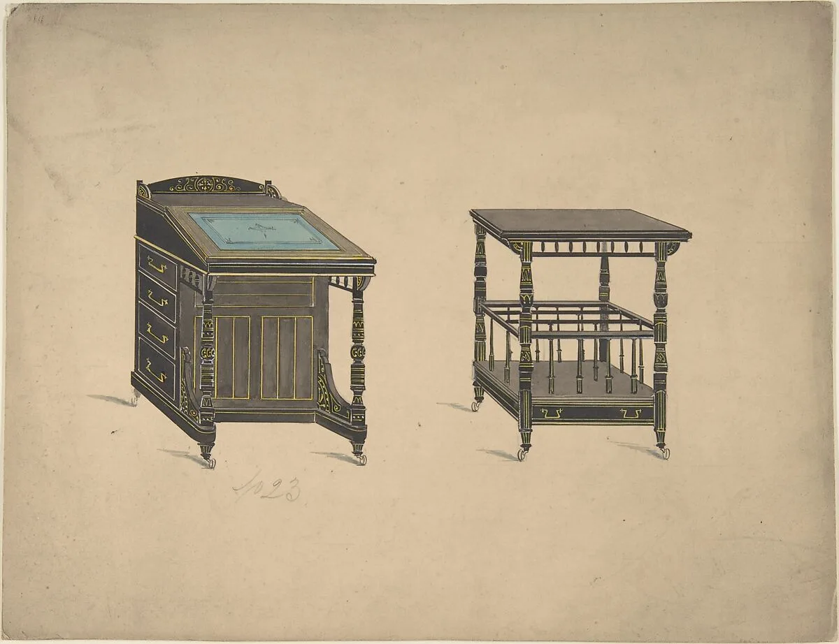 Design for a Desk on Wheels and a Canterbury Table on Wheels — Anonymous, British, 19th century