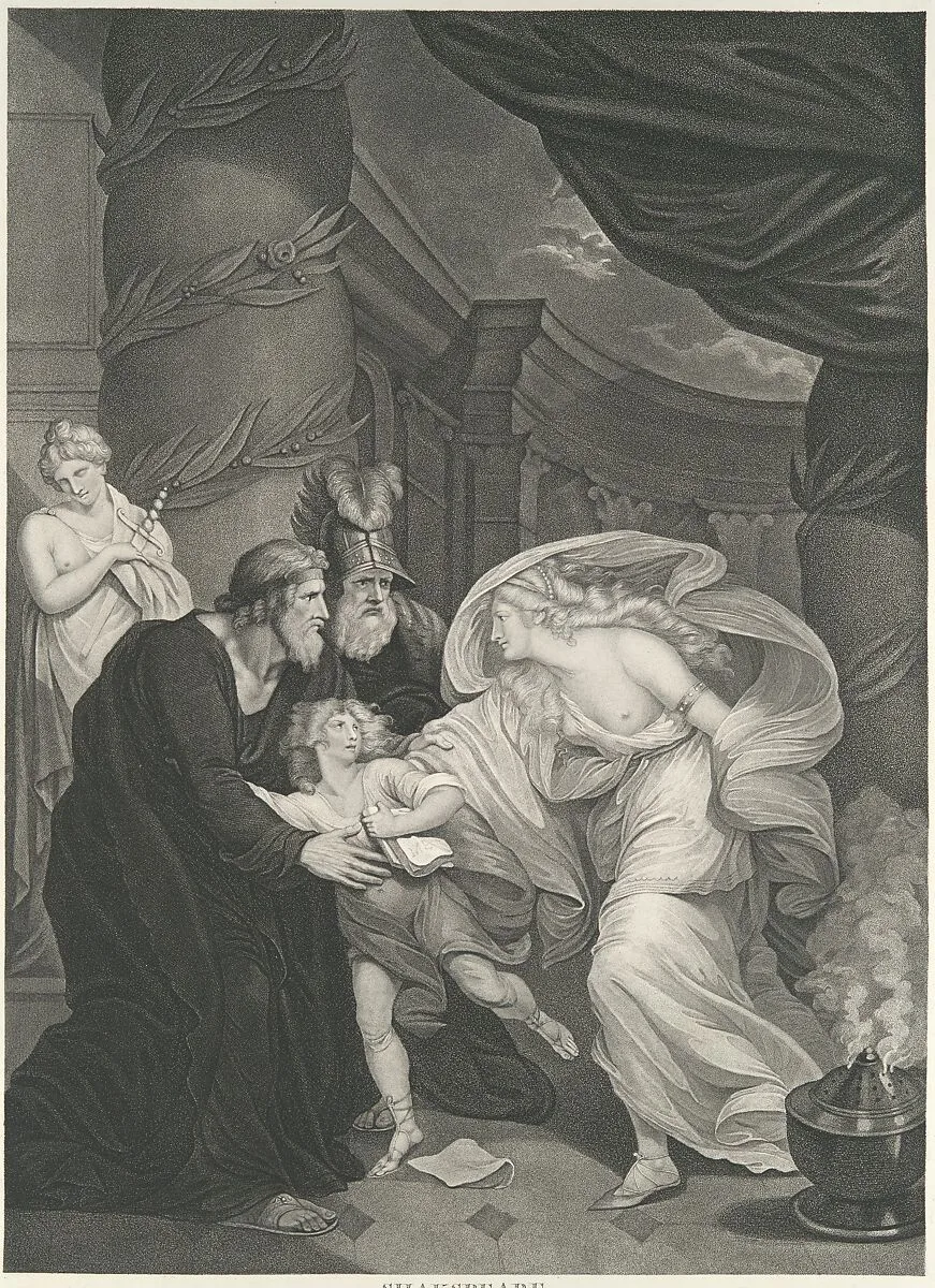 Rome, Titus's Garden–Lucius Pursued by Lavinia (Shakespeare, Titus Andronicus, Act 4, Scene 1) — Shearjashub Spooner|Thomas Kirk|John & Josiah Boydell|William Shakespeare
