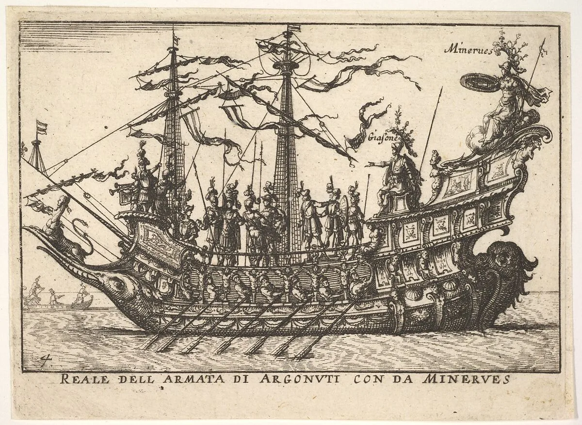 The Argonauts led by Minerva (Reale dell armata di Argonuti con da Minerves), from the series 'The magnificent pageant on the river Arno in Florence for the marriage of the Grand Duke' (Le Magnifique carousel fait sur le fleuve de l'Arne a Florence, pour le mariage du Grand Duc), for the wedding celebration of Cosimo de' Medici in Florence, 1608 — Anonymous|Giulio Parigi|Remigio Cantagallina|Jean Sauvé
