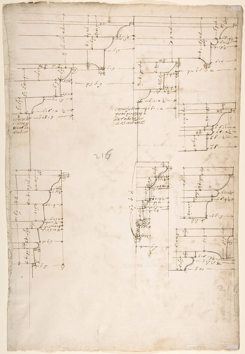 St. Peter's, tribune, exterior, entablature and cornice details (recto)Santa Maria Maggiore, Sforza Chapel, plan, detail (verso) — Anonymous, French, 16th century