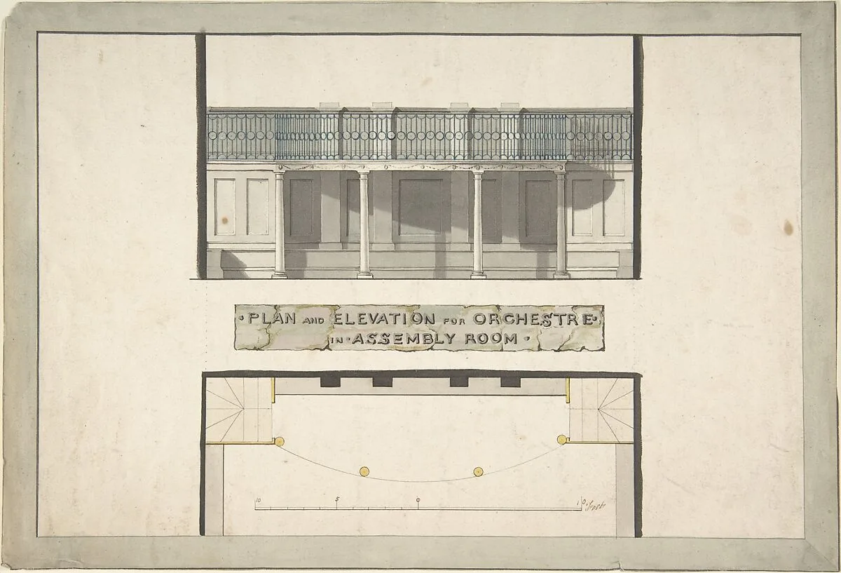 Design for an Orchestra Gallery in an Assembly Room, Plan and Elevation — Anonymous, British, late 18th–early 19th century