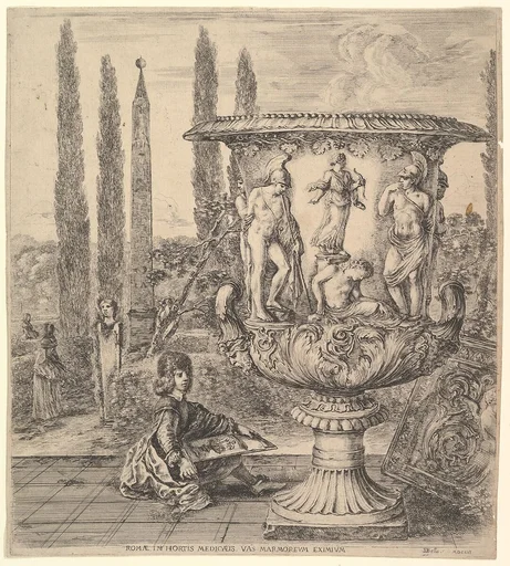 The Medici vase, a large vase to right decorated with a representation of the sacrifice of Iphigenia, on a garden terrace, a teenage boy seated to left with a pen and paper with a drawing of the vase, cyprus trees and an obelisk to left in the background, from 'Six large views, four of Rome, and two of the Roman countryside' (Six grandes vues, dont quatre de Rome et deux de la Campagne romaine)