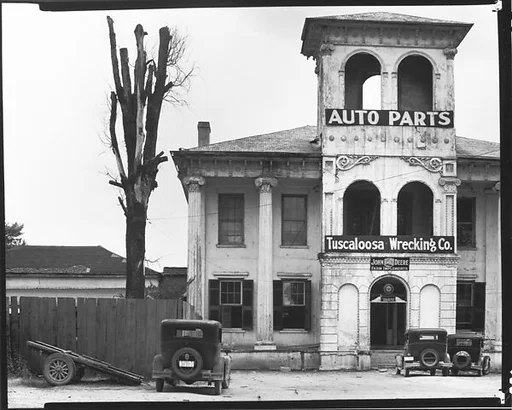 [Converted Italianate Revival House with Wrecking Company Signs on Tower, Near Tuscaloosa, Alabama]